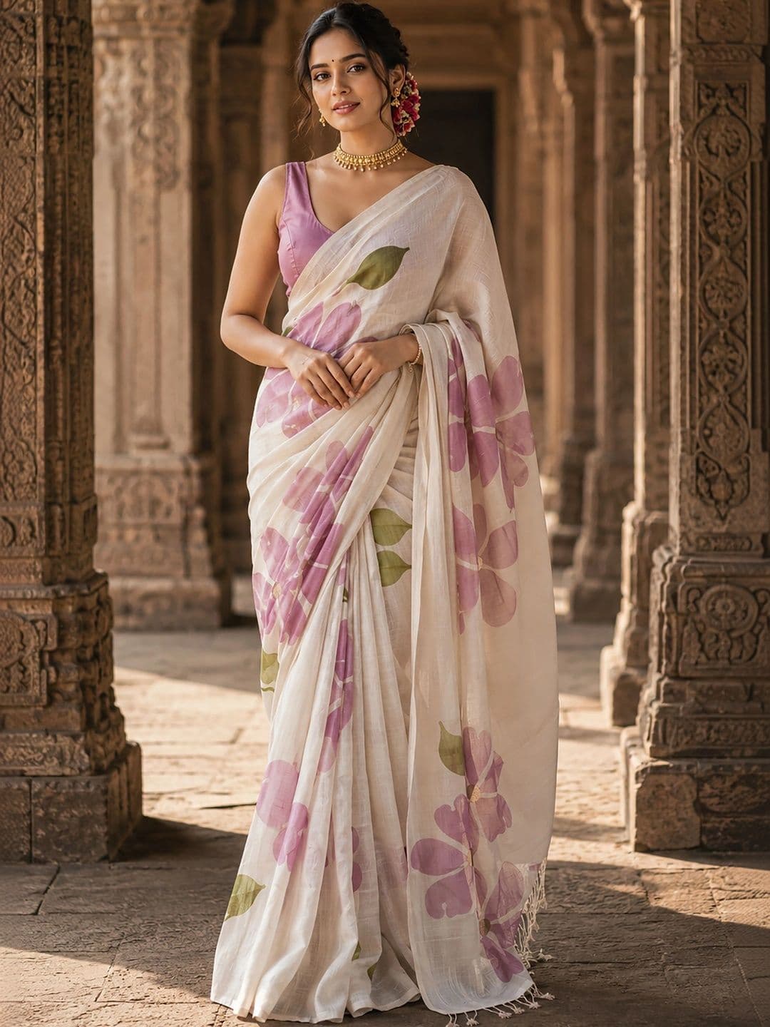 Mitera Floral Linen Blend Designer Block Print Saree - view 1
