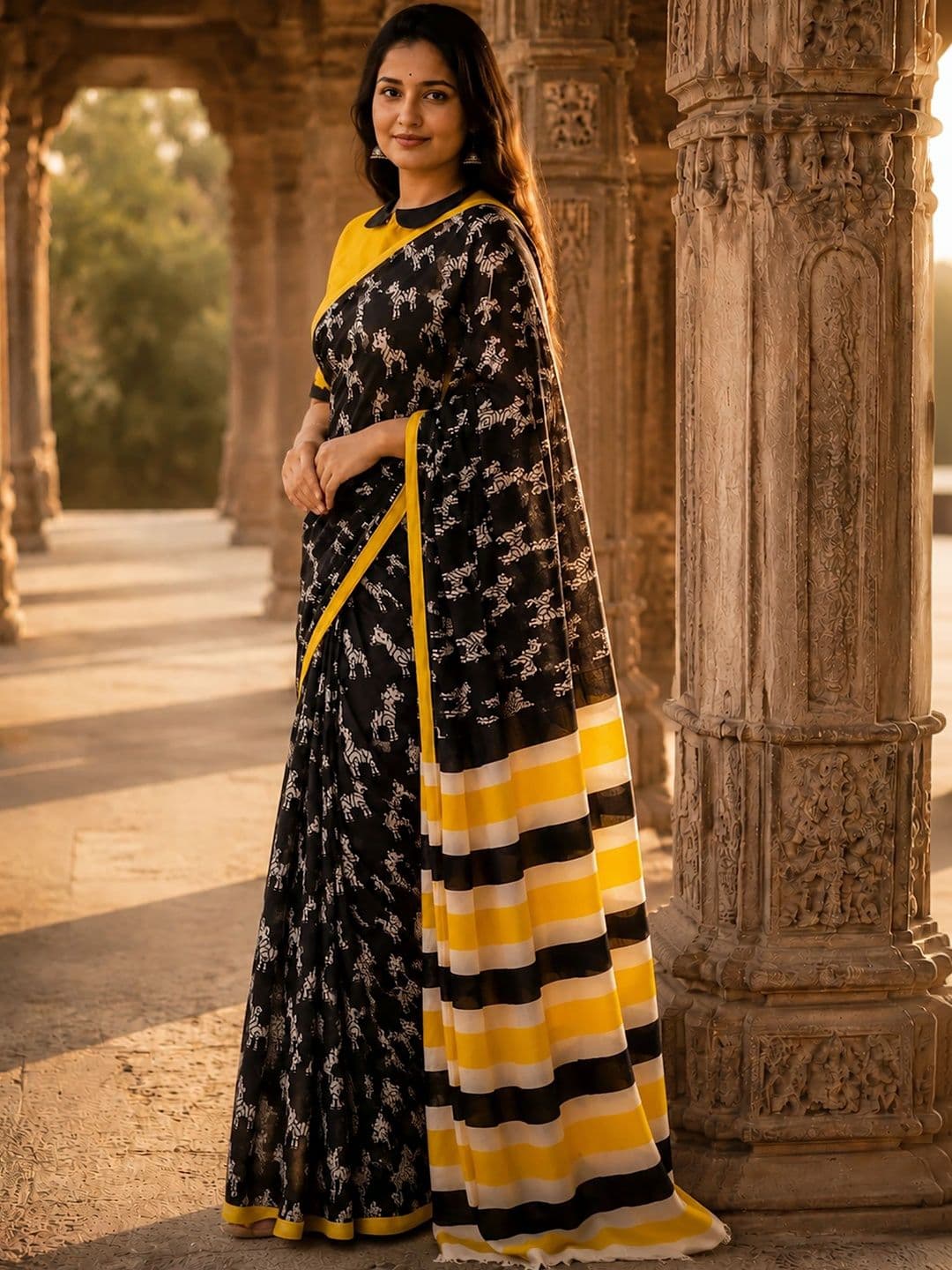 KALINI Linen Blend Designer Block Print Saree thumbnail 3