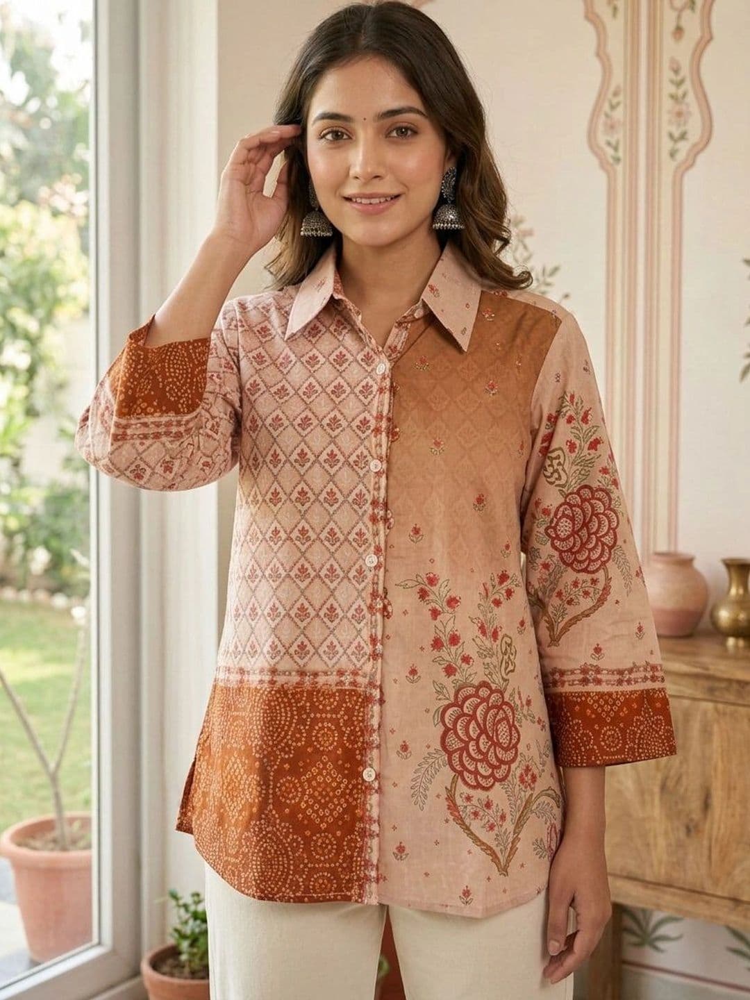 Anouk Ethnic Motifs Printed Shirt Collar Pure Cotton Blend Kurti - view 1