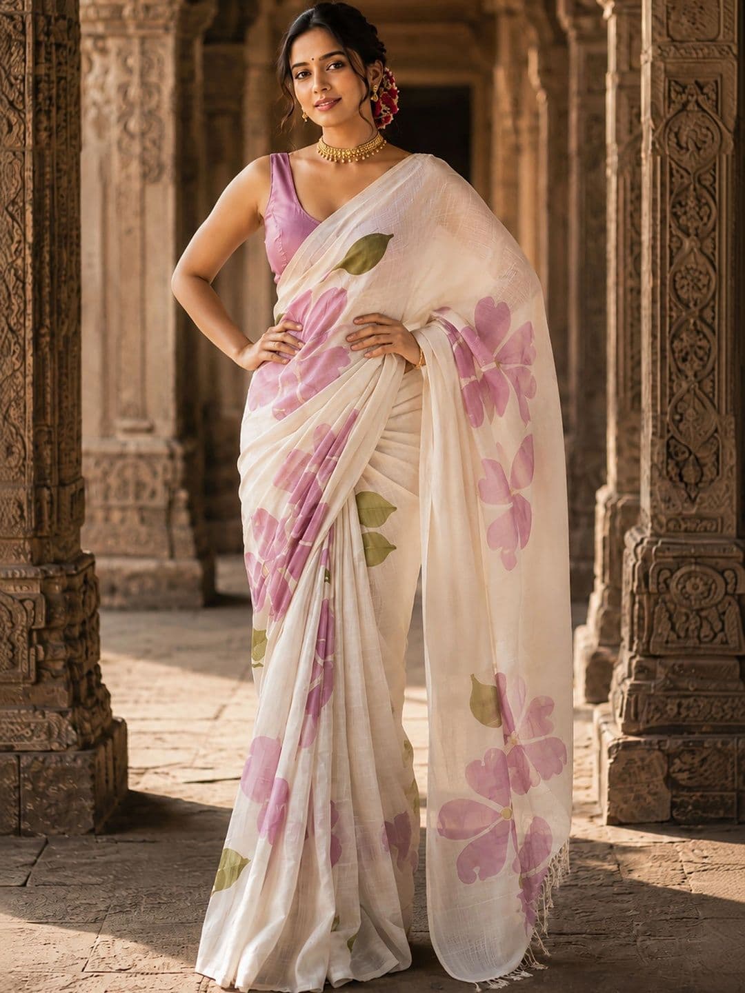 Mitera Floral Linen Blend Designer Block Print Saree thumbnail 4