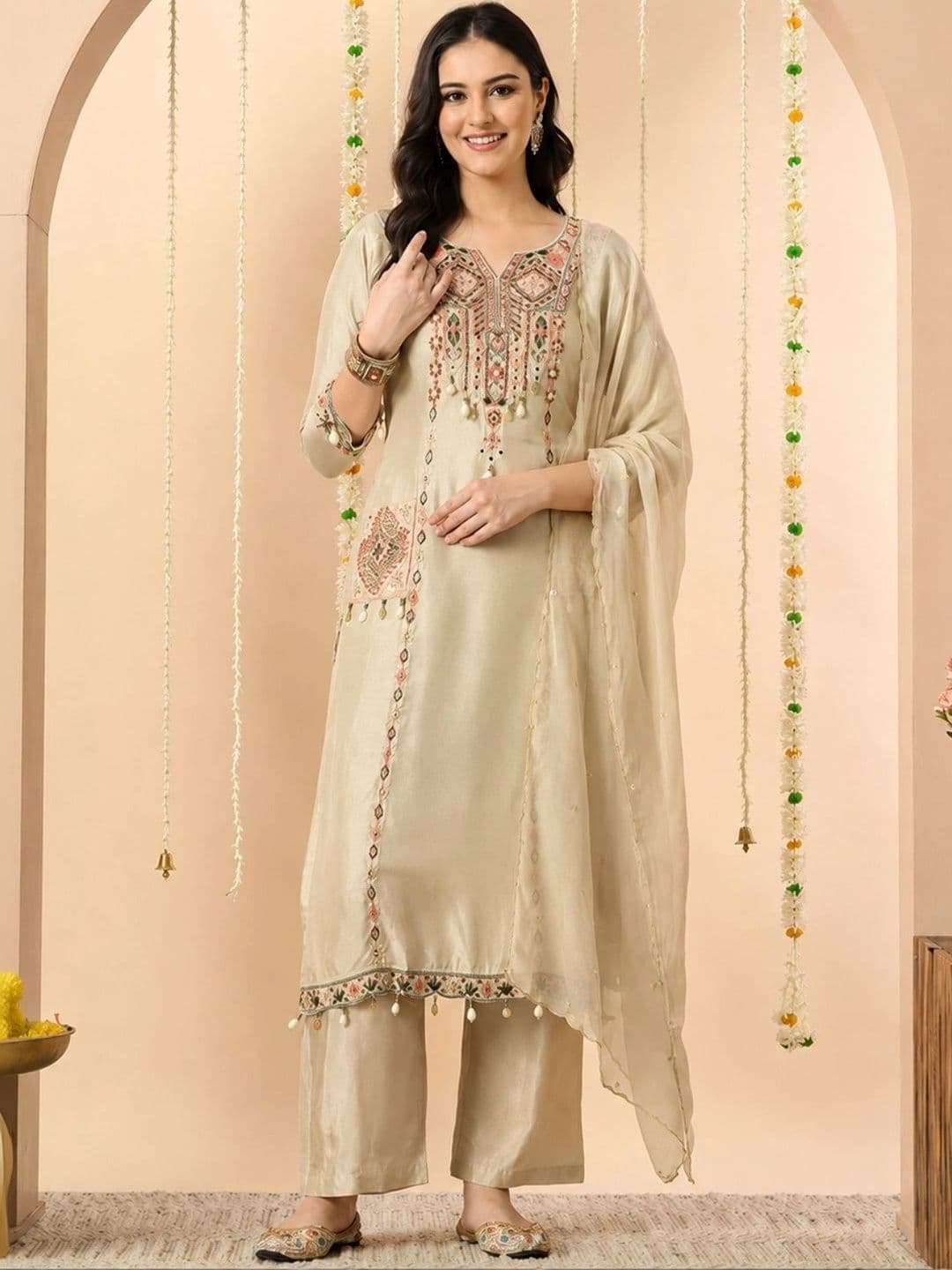 YAROSHI FASHION Women Beige Embroidered Silk Blend A-Line 3-Piece Kurta Set with Dupatta thumbnail 4