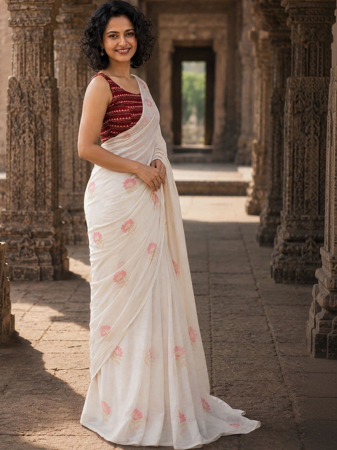 Aldwych Floral Linen Blend Designer Block Print Saree thumbnail 4