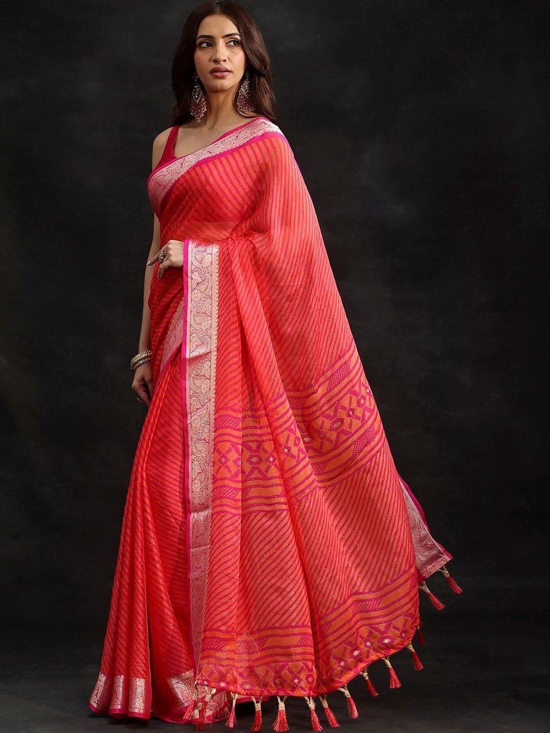 Libas Striped Pure Chiffon Saree thumbnail 2