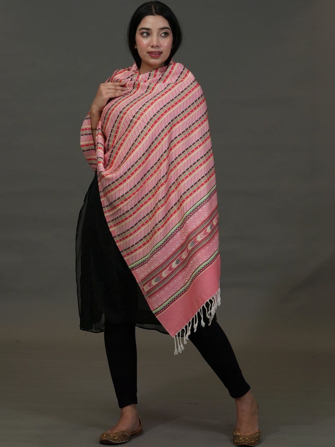 SHIFNEEN Women Striped Woven Design Acrylic Shawl - view 1