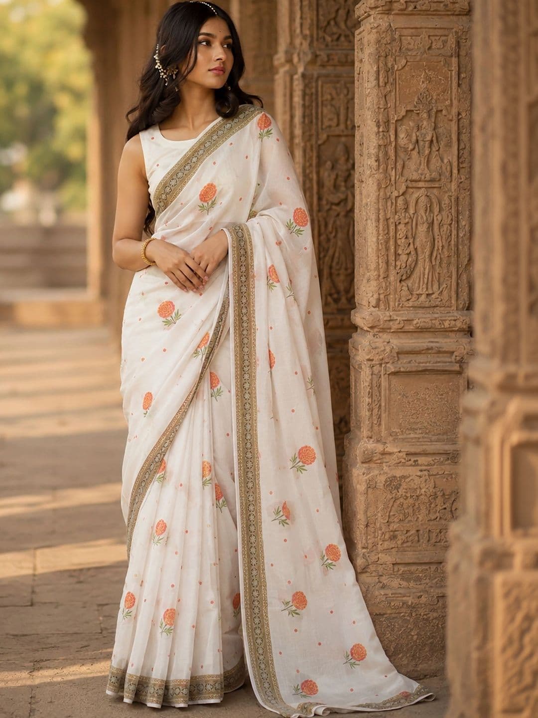 KALINI Floral Linen Blend Designer Block Print Saree thumbnail 6