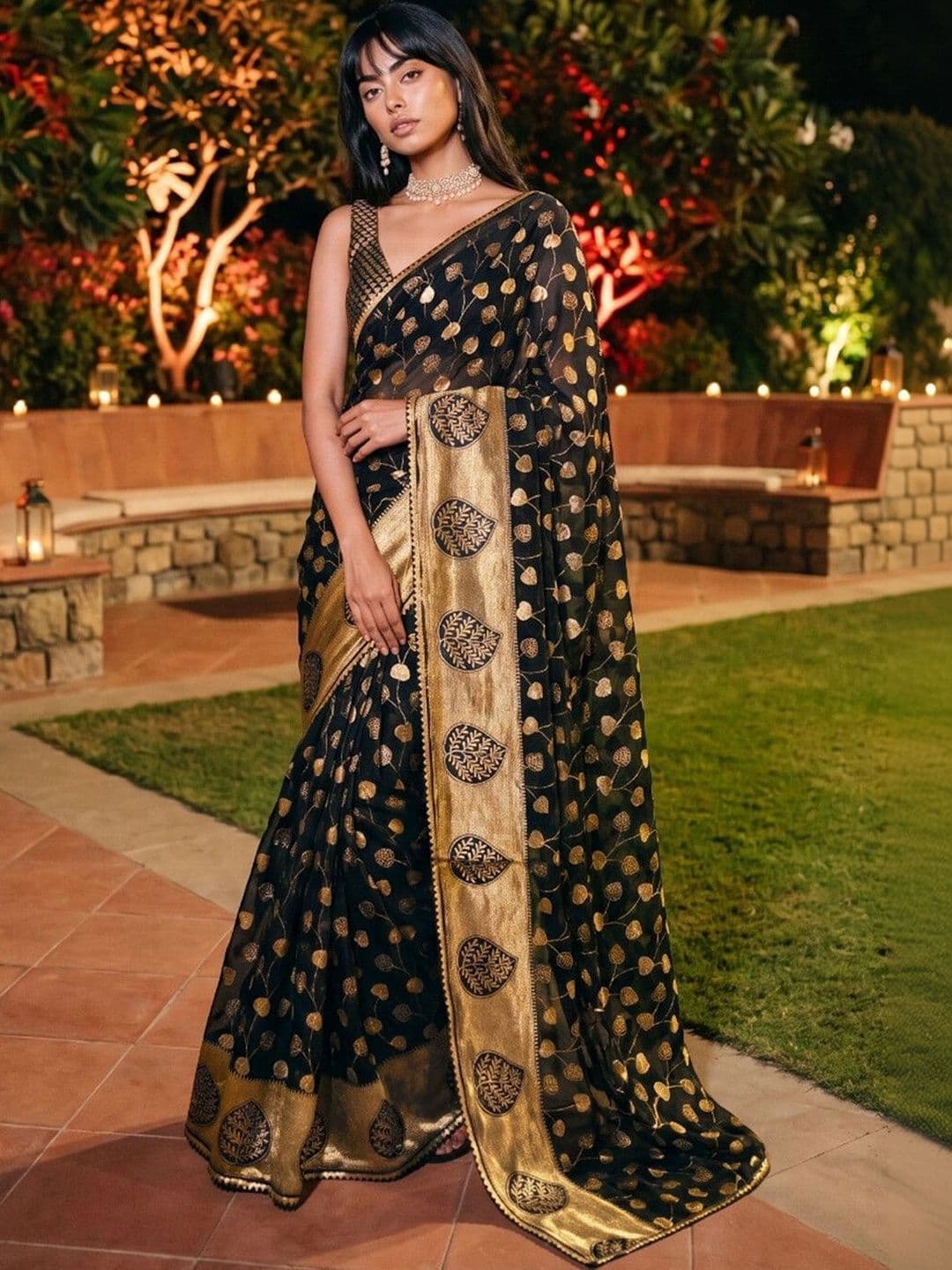 SAARA Ethnic Motifs Zari Pure Georgette Saree - view 1