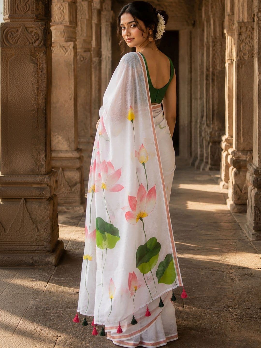 KALINI Floral Linen Blend Designer Block Print Saree thumbnail 3