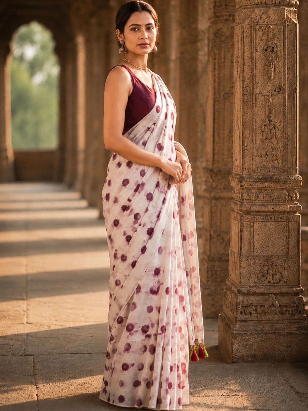 KALINI Polka Dot Linen Blend Designer Block Print Saree thumbnail 3