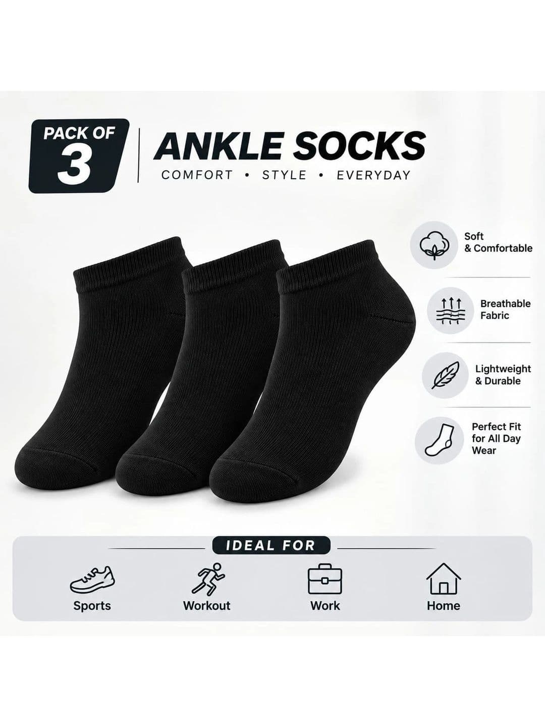 Moda Rapido Men Pack of 3 Cotton Blend Ankle Length Socks thumbnail 2