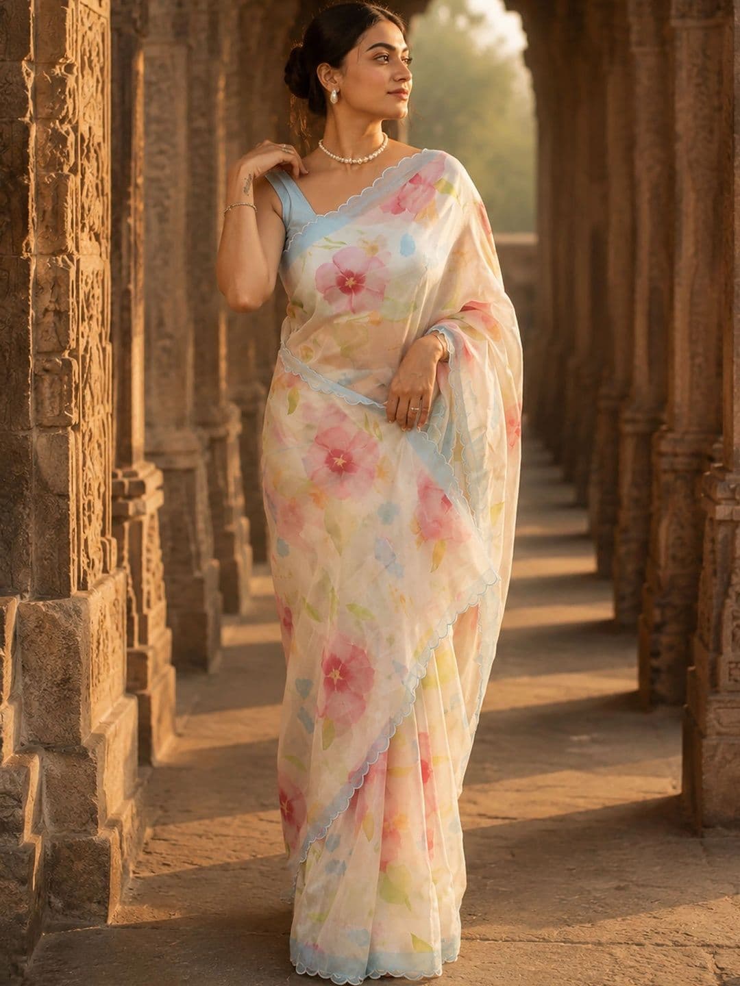 KALINI Floral Linen Blend Designer Block Print Saree thumbnail 2