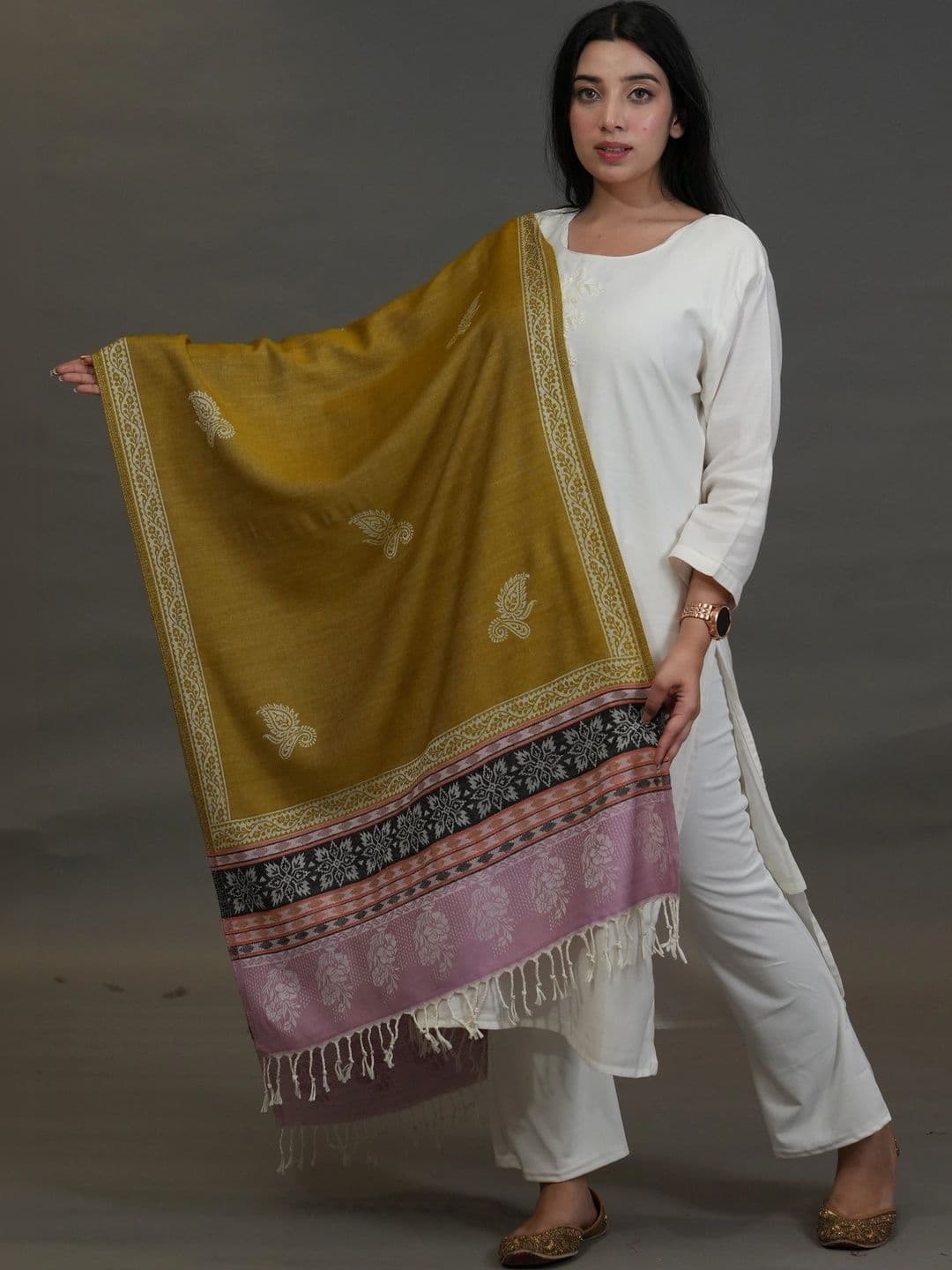 SHIFNEEN Women Ethnic Motifs Embroidered Acrylic Shawl - view 1