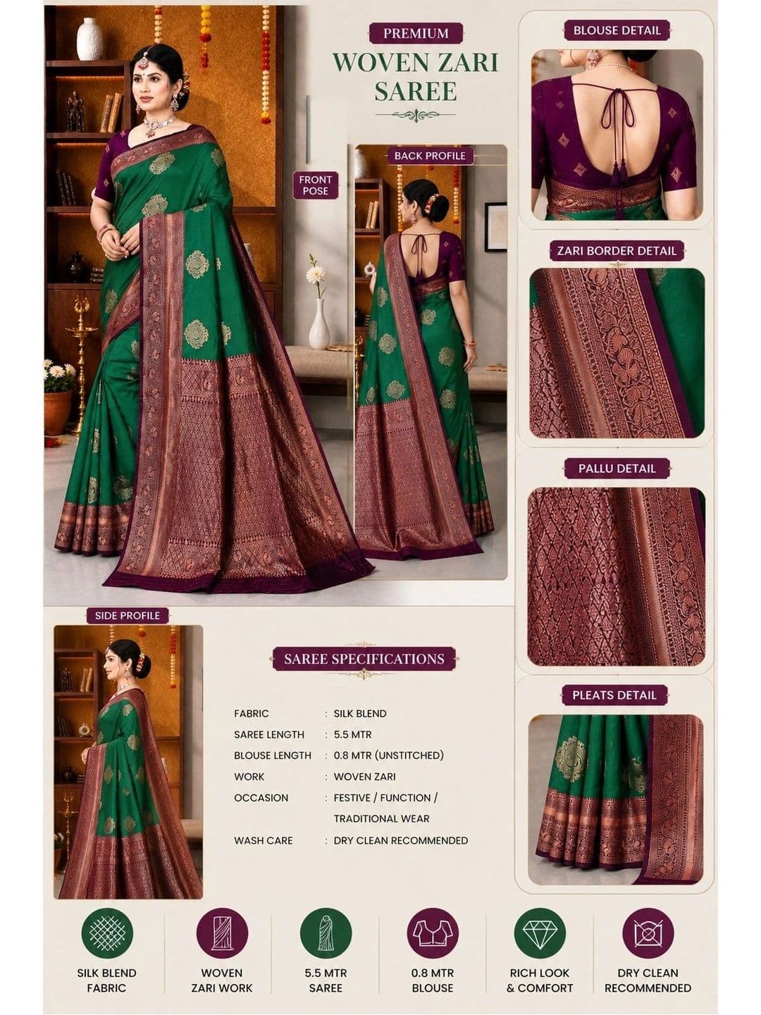HAYA ETHNIC Woven Design Zari Fusion Banarasi Saree thumbnail 3