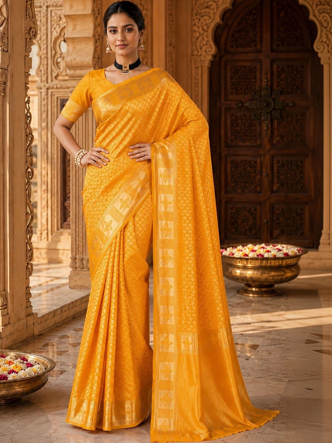Anjaneya Sarees Woven Design Zari Silk Blend Designer Banarasi Saree thumbnail 5