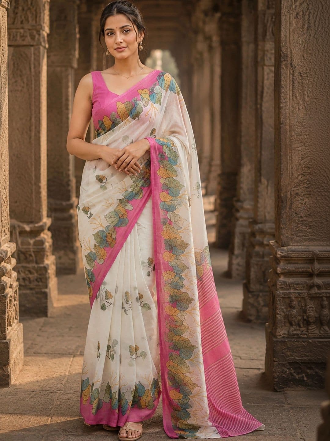 KALINI Floral Linen Blend Designer Block Print Saree - view 1