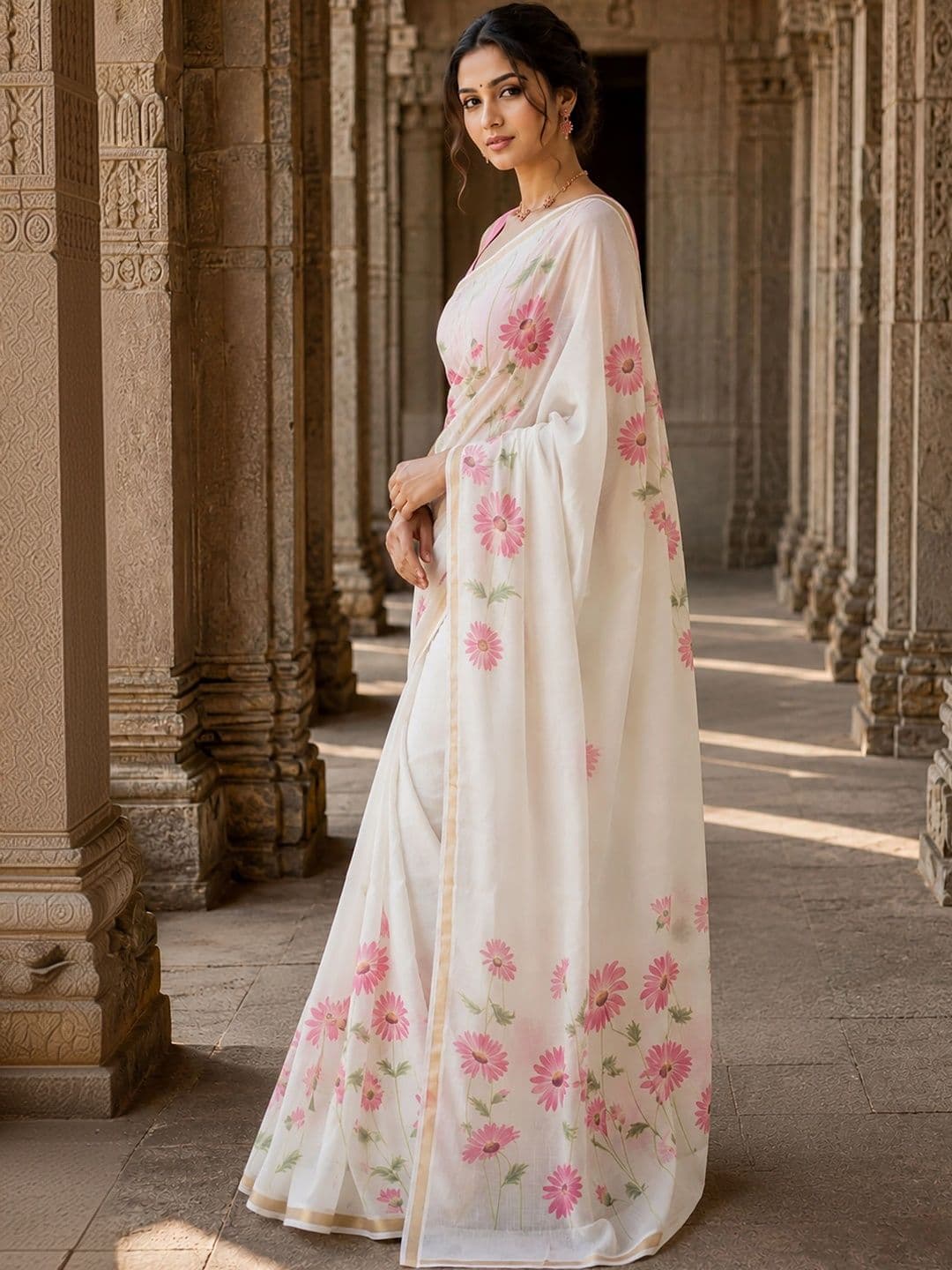 KALINI Floral Linen Blend Designer Block Print Saree thumbnail 4