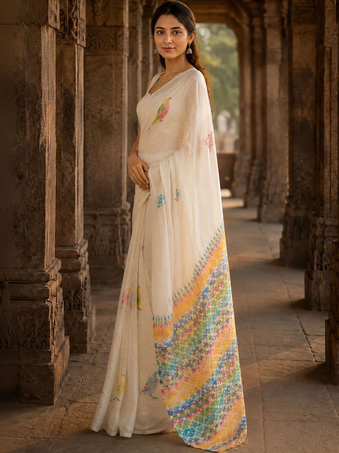 KALINI Linen Blend Designer Block Print Saree thumbnail 3
