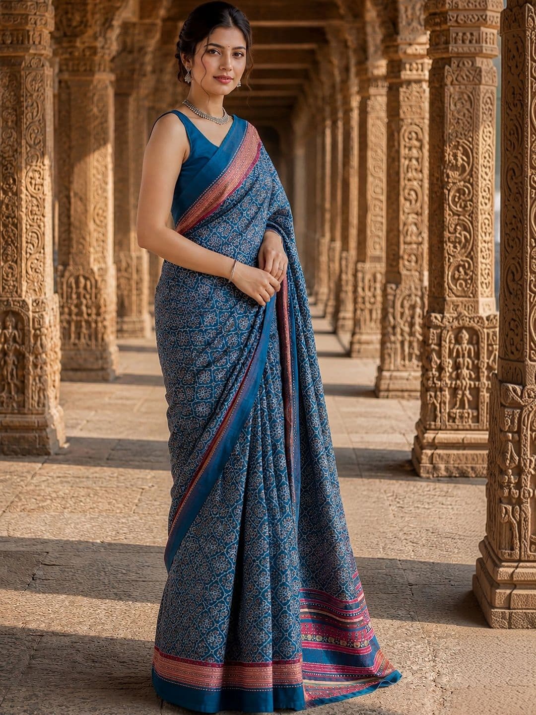 Aldwych Linen Blend Designer Block Print Saree thumbnail 3
