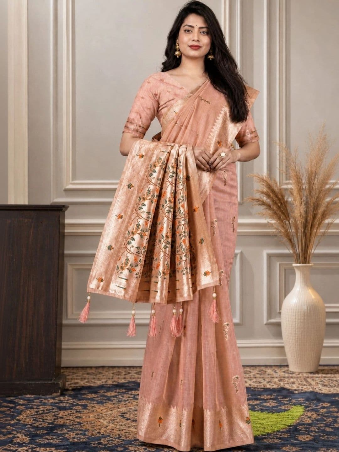 Anouk Floral Zari Pure Cotton Chanderi Saree - view 1