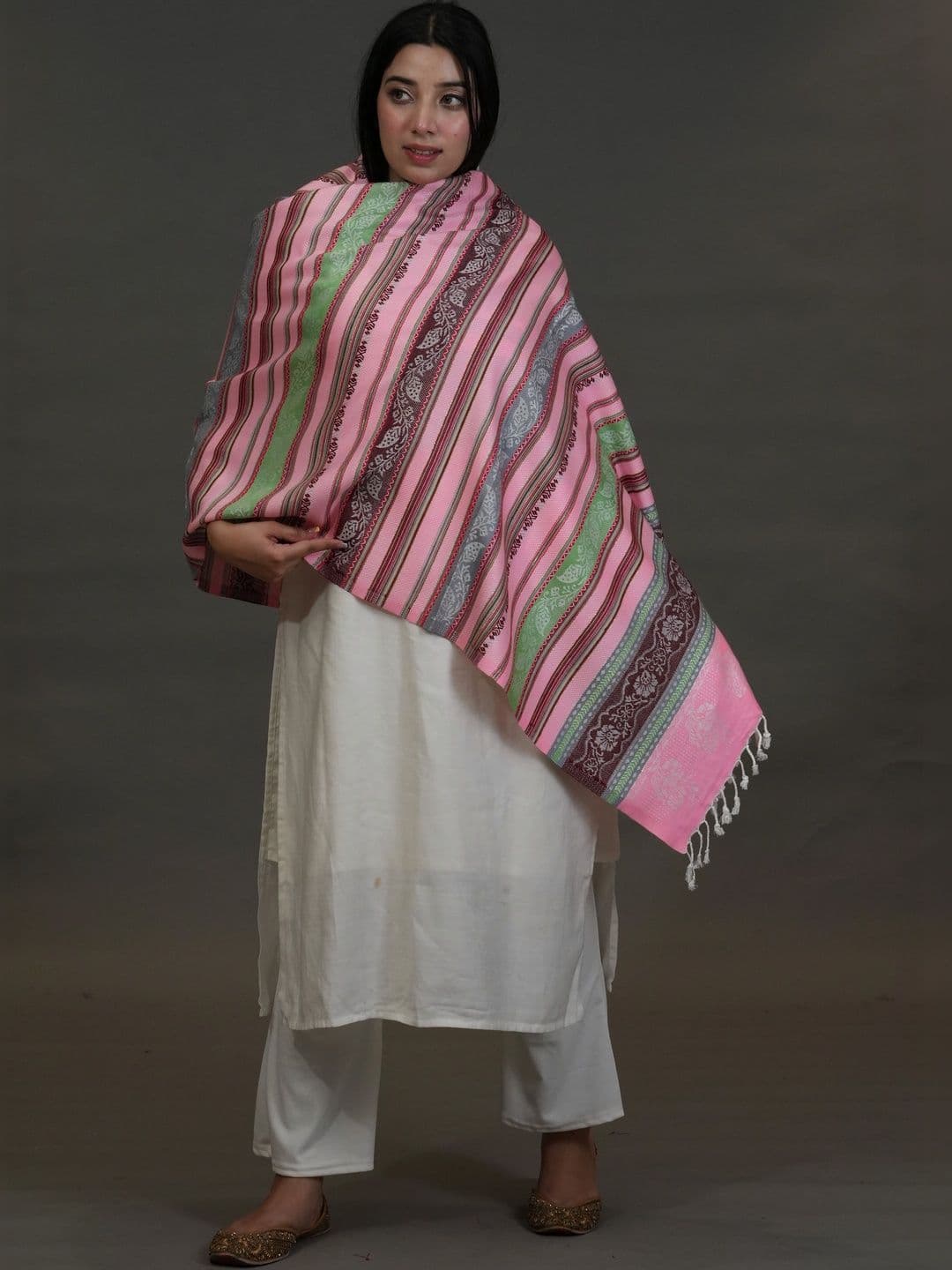 SHIFNEEN Women Striped Woven Design Acrylic Shawl thumbnail 2