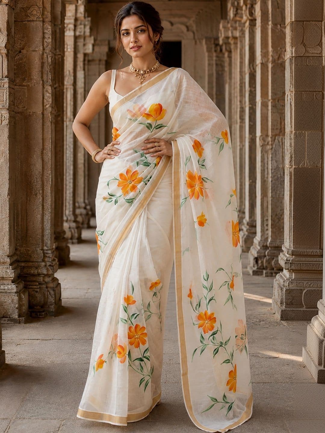 KALINI Floral Linen Blend Designer Block Print Saree thumbnail 4