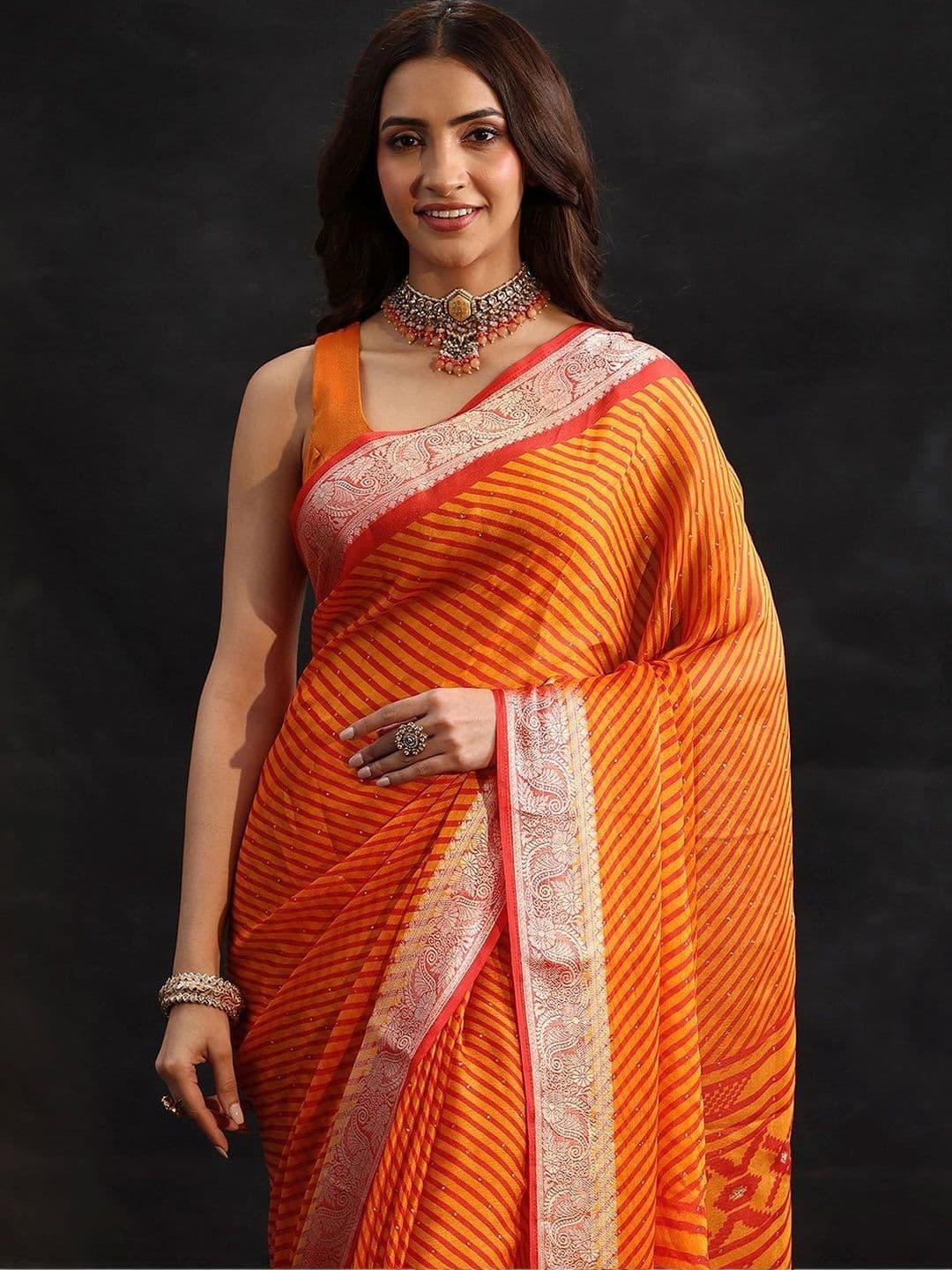 Libas Leheriya Zari Pure Chiffon Saree thumbnail 6