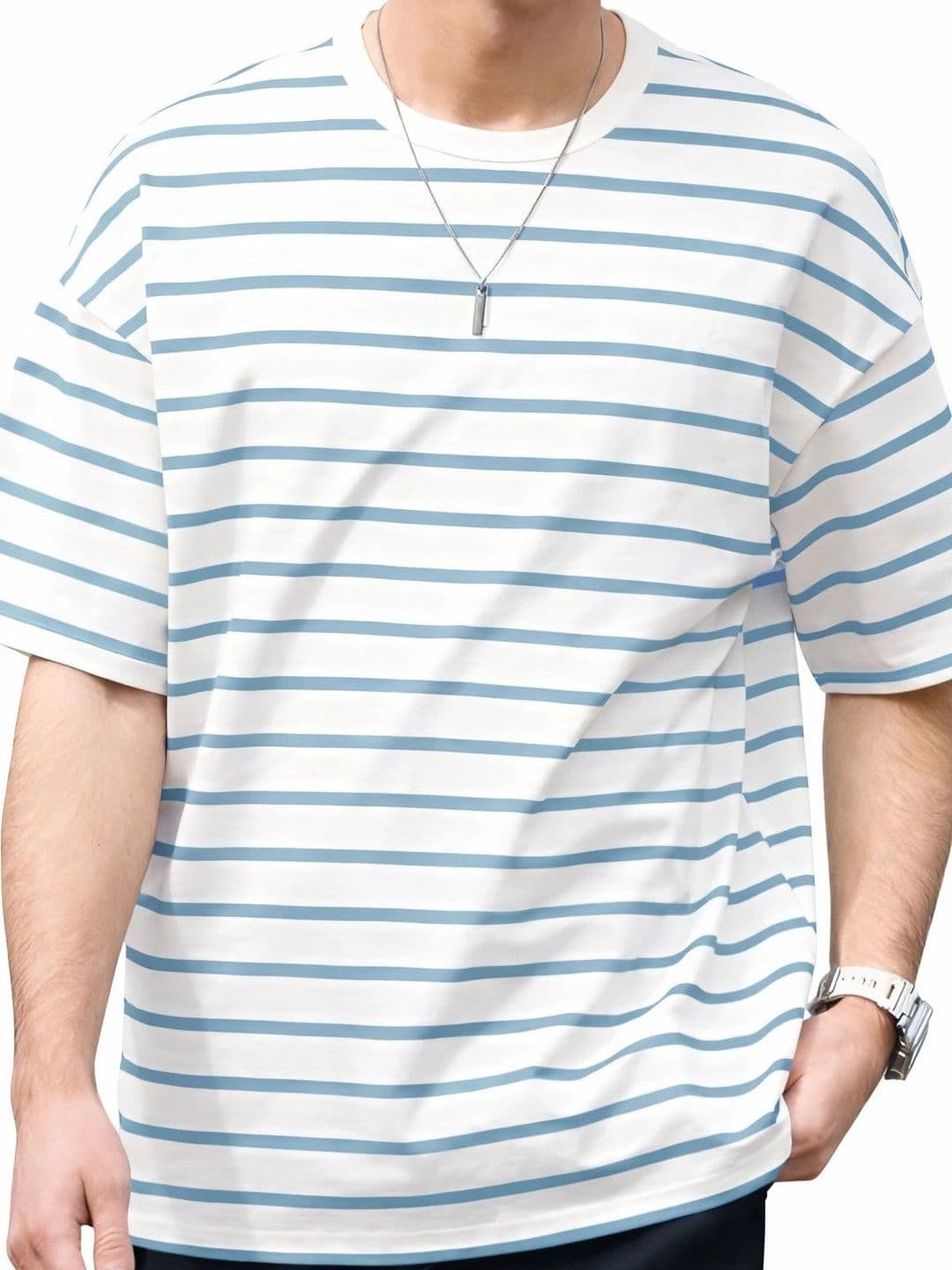 Moda rapido X TOGS & TERRE Men Striped Drop-Shoulder Sleeves Organic Cotton Blend T-shirt thumbnail 4
