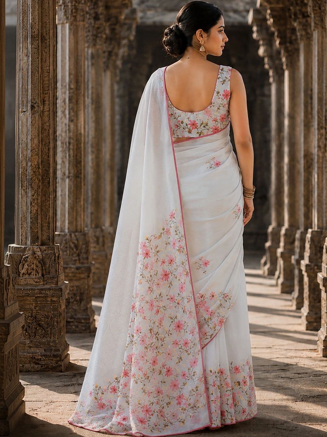 Aldwych Floral Linen Blend Designer Block Print Saree thumbnail 6