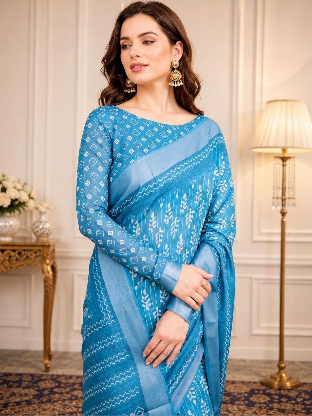 V3 FASHION STUDIO Ethnic Motifs Zari Linen Blend Block Print Saree thumbnail 2