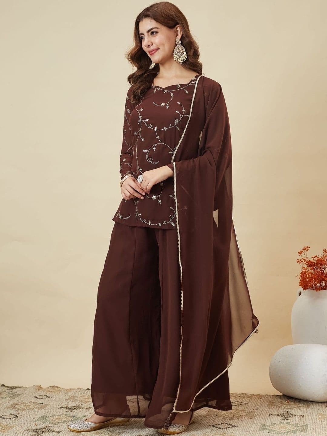 MOKOSH Women Ethnic Motifs Embroidered Regular Thread Work Kurta with Palazzos & With Dupatta thumbnail 2