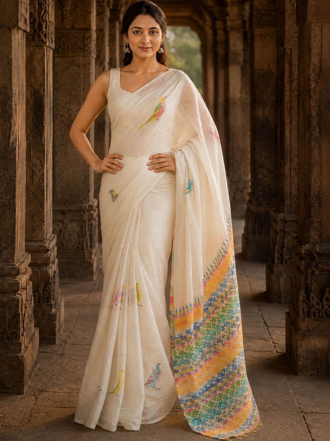KALINI Linen Blend Designer Block Print Saree thumbnail 5