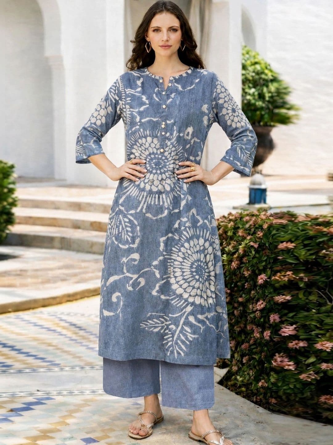 GoSriKi Women Printed Regular Kurta with Palazzos thumbnail 2