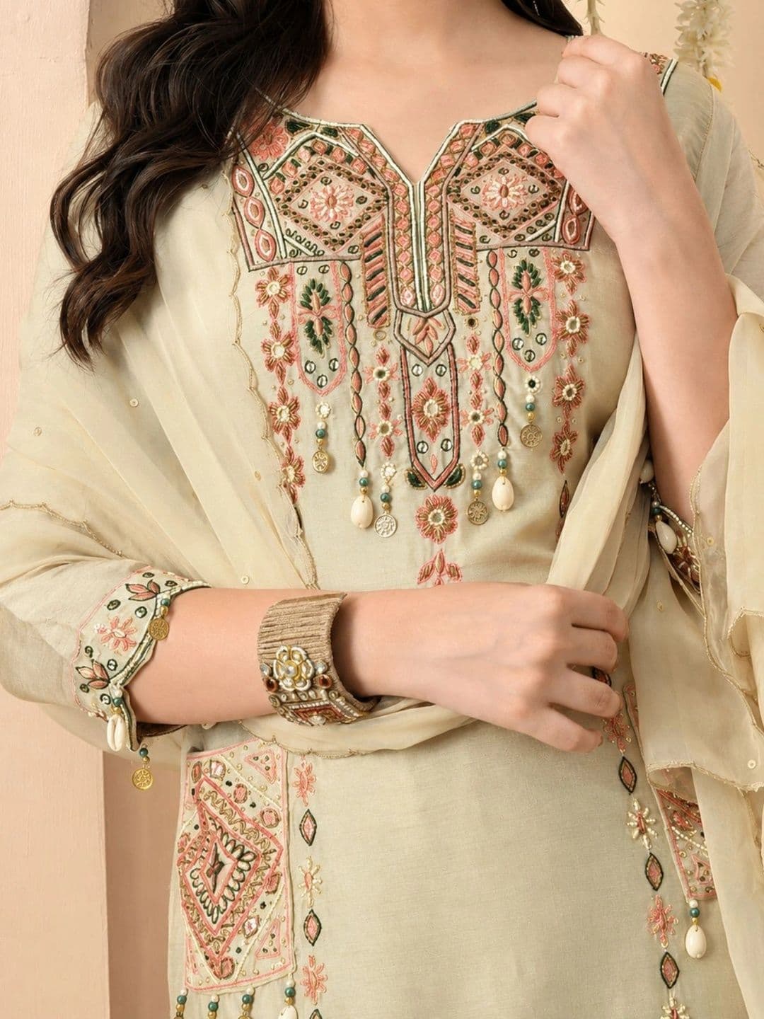 YAROSHI FASHION Women Beige Embroidered Silk Blend A-Line 3-Piece Kurta Set with Dupatta thumbnail 2