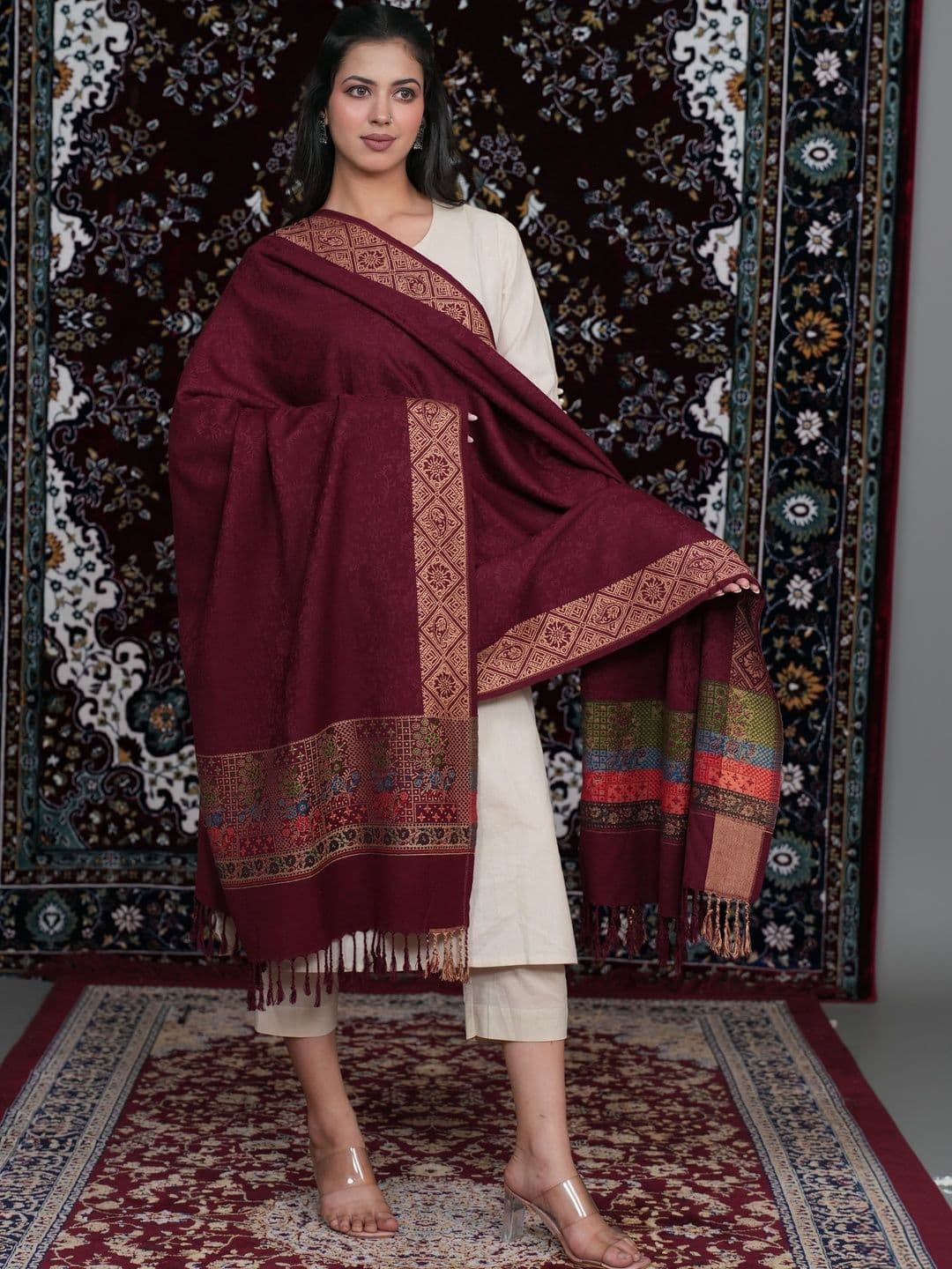SHIFNEEN Women Ethnic Motifs Woven Design Acrylic Shawl thumbnail 2