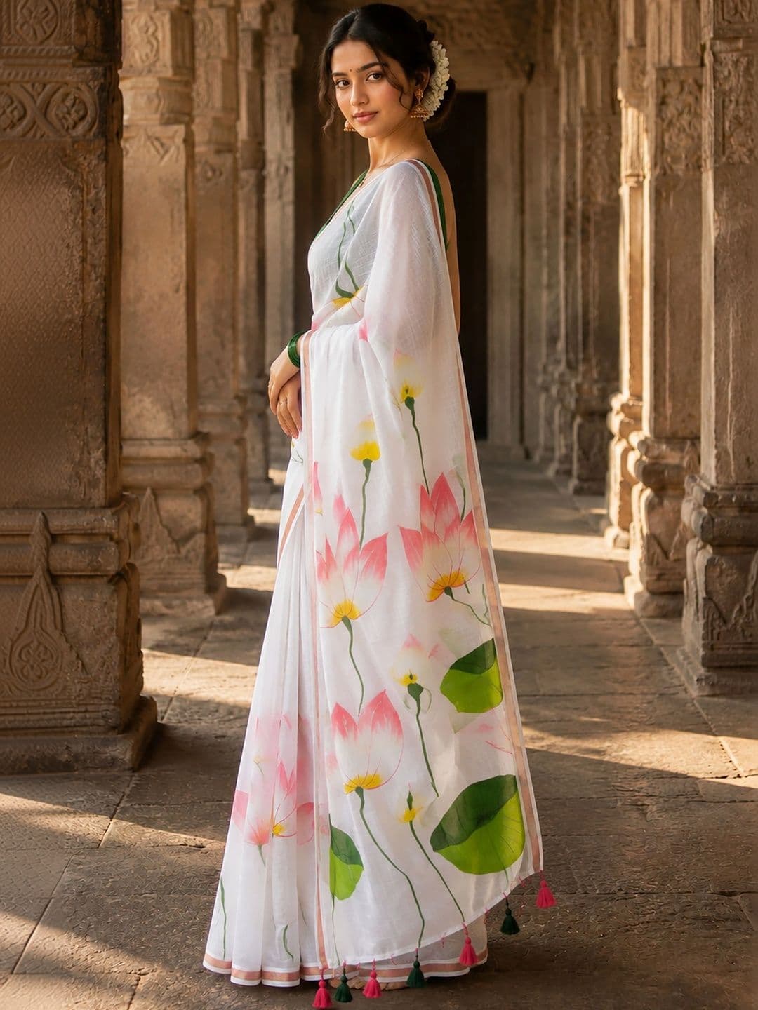 Mitera Floral Linen Blend Designer Block Print Saree thumbnail 4