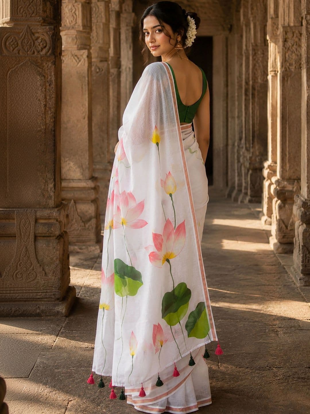 Mitera Floral Linen Blend Designer Block Print Saree thumbnail 5