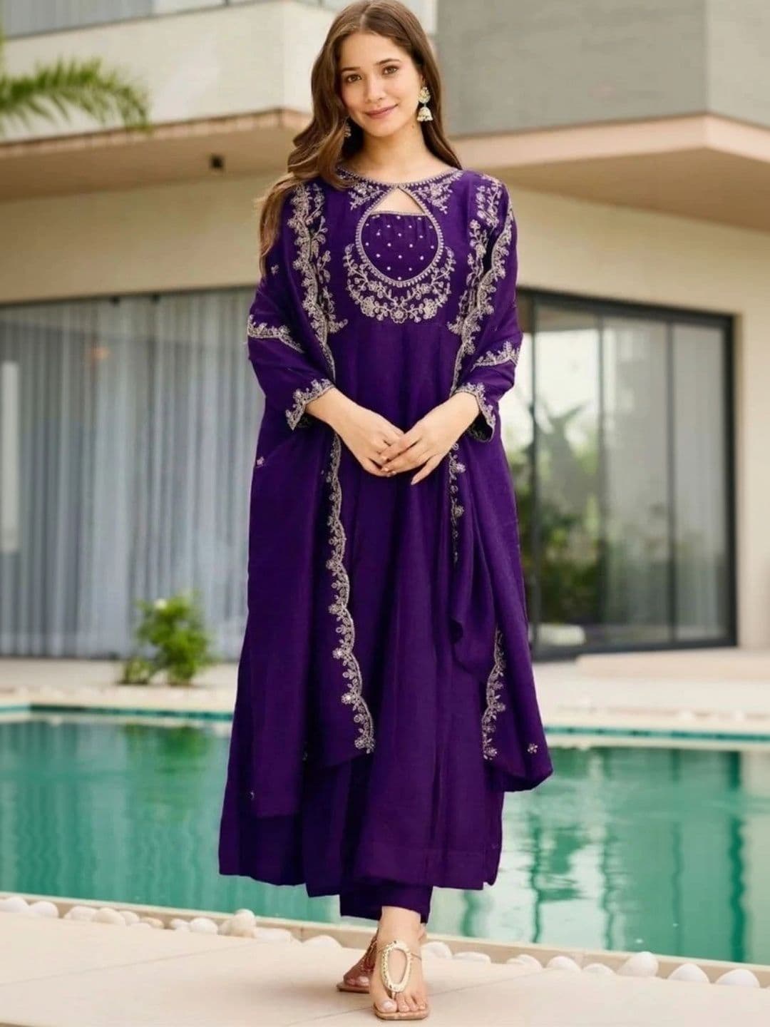 ROYALICA Women Ethnic Motifs Embroidered Empire Thread Work Silk Chiffon Kurta with Trousers & With Dupatta thumbnail 2