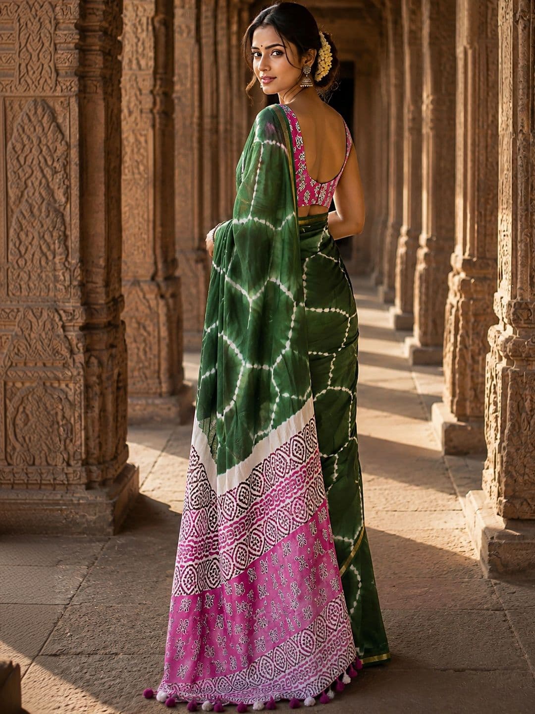 KALINI Bandhani Linen Blend Designer Block Print Saree thumbnail 4