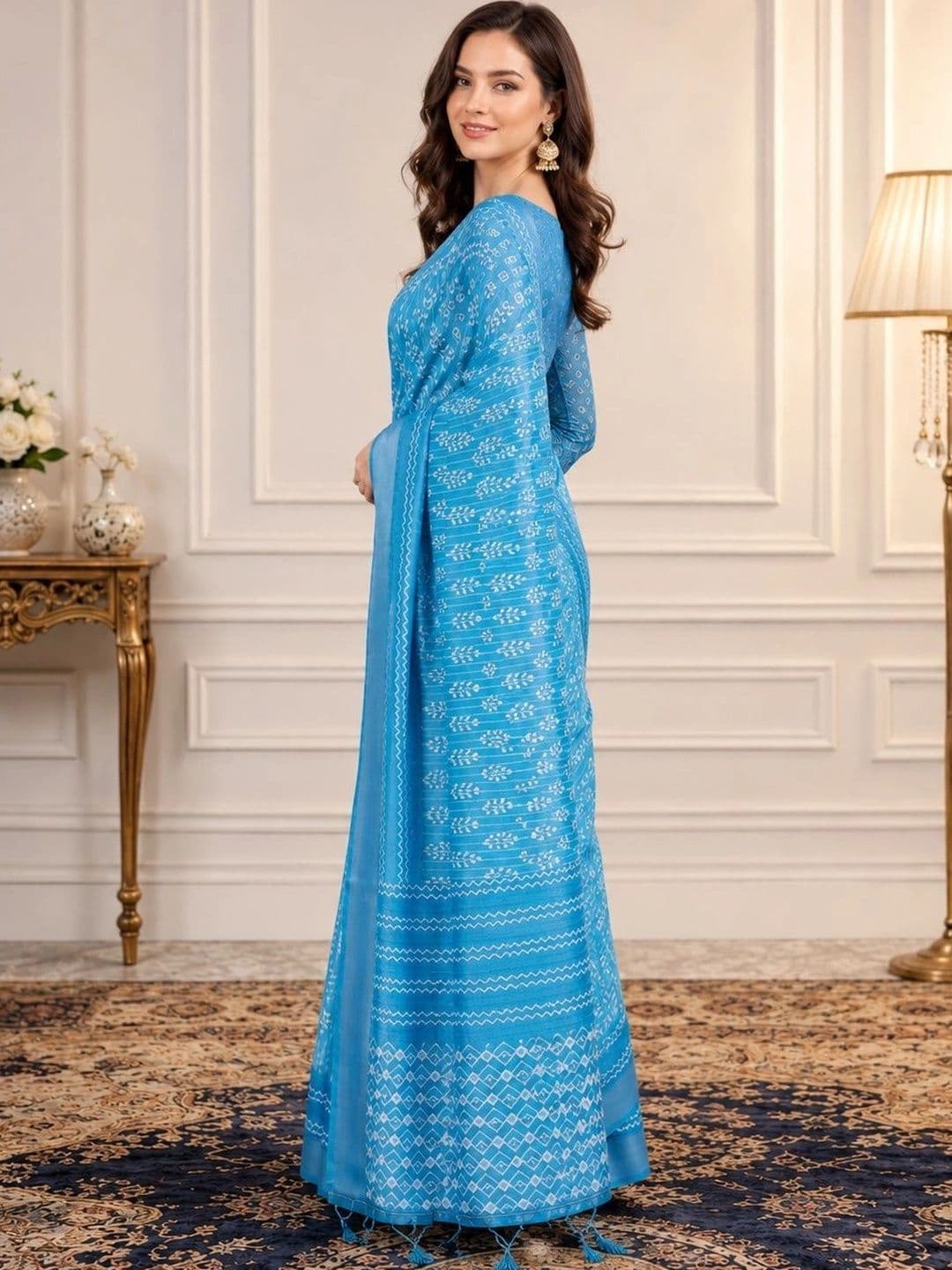 V3 FASHION STUDIO Ethnic Motifs Zari Linen Blend Block Print Saree thumbnail 4