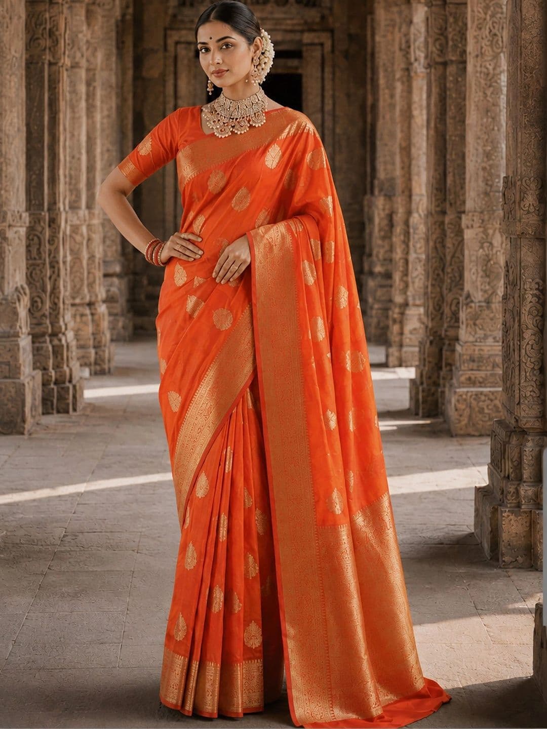 Anjaneya Sarees Woven Design Zari Silk Blend Designer Banarasi Saree thumbnail 5