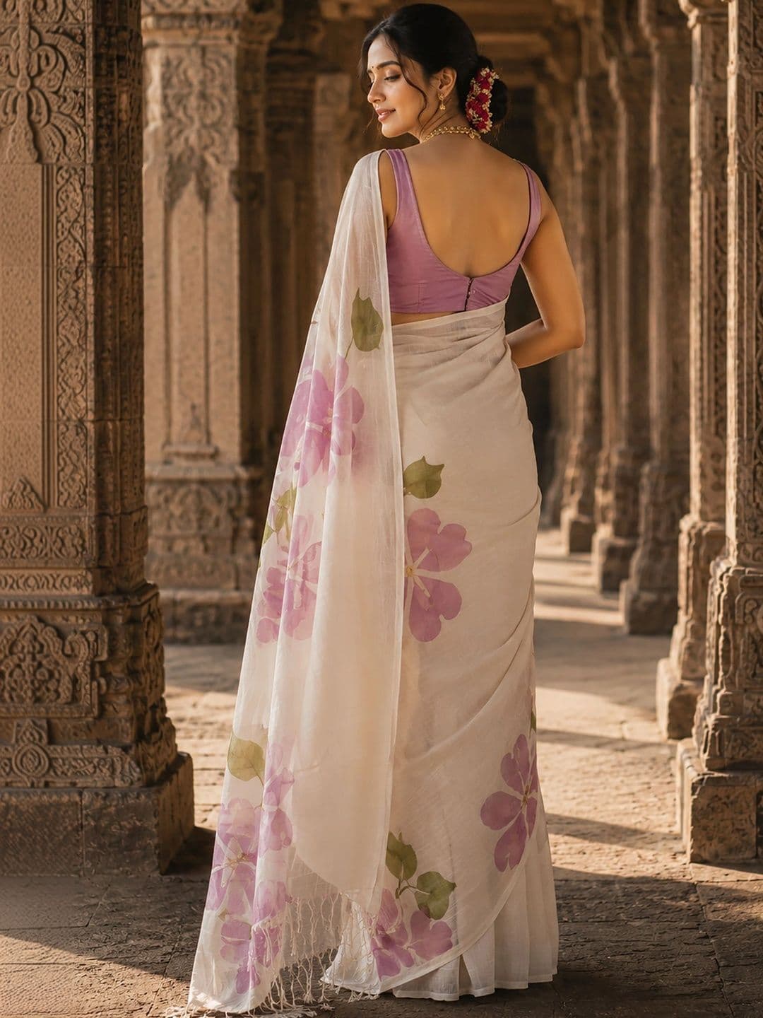 Mitera Floral Linen Blend Designer Block Print Saree thumbnail 5