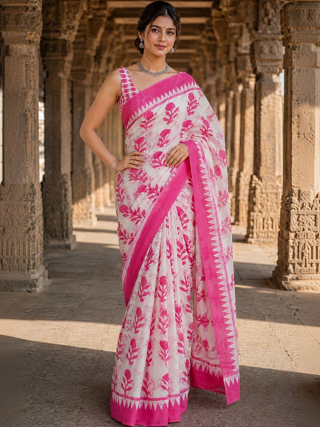 Aldwych Linen Blend Designer Block Print Saree thumbnail 3