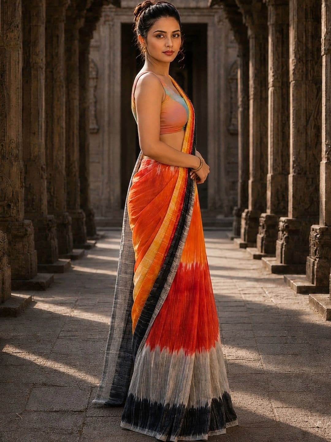 KALINI Tie and Dye Linen Blend Designer Block Print Saree thumbnail 2