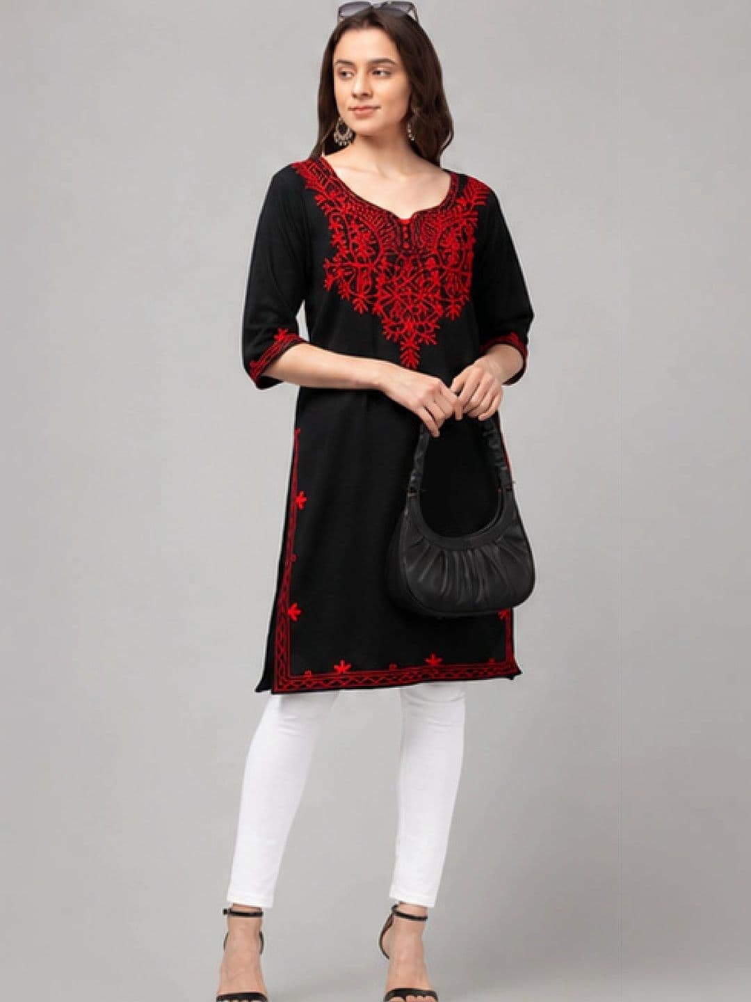 ERUDITE CLUB Women Ethnic Motifs Embroidered Thread Work Woollen Kurta thumbnail 6