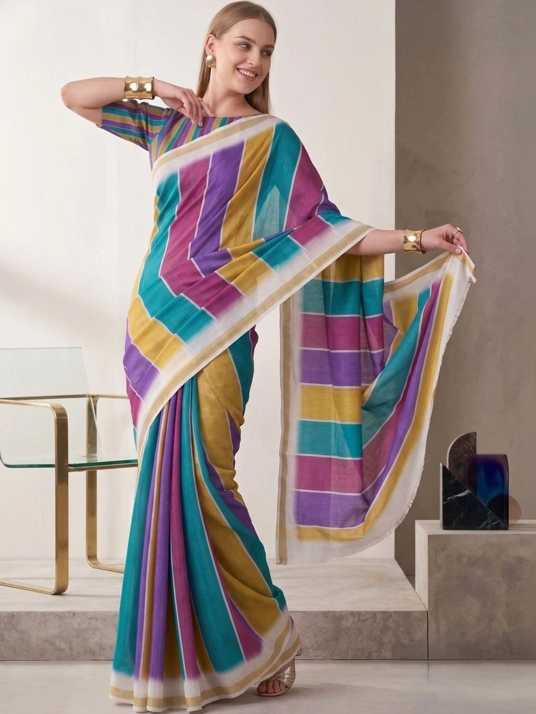 BORAD FASHION Striped Designer Chanderi Saree thumbnail 2