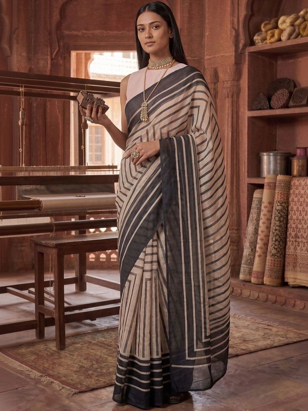 BORAD FASHION Striped Designer Chanderi Saree - view 1
