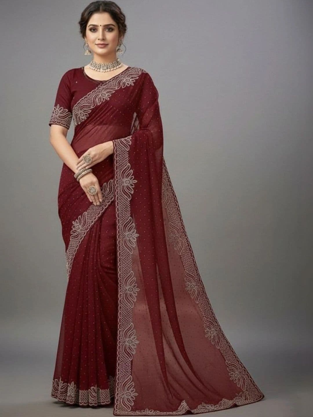 RENBRIZA Embellished Embroidered Poly Georgette Saree - view 1