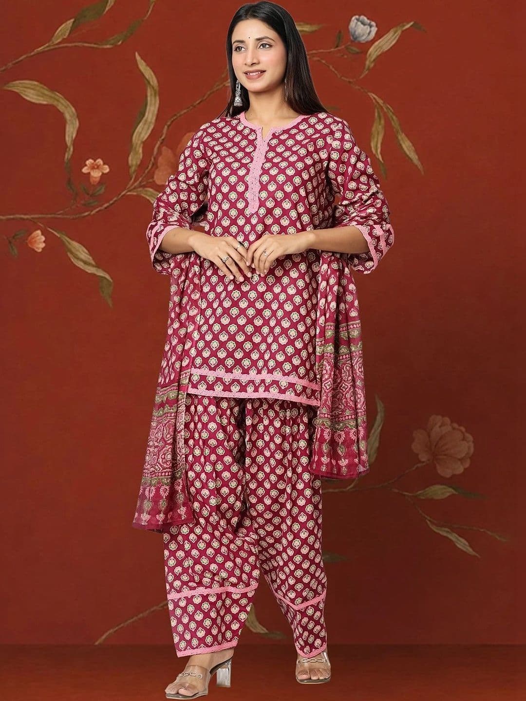 Sangria Women Ethnic Motifs Printed Regular Pure Cotton Kurta with Patiala & With Dupatta - view 1