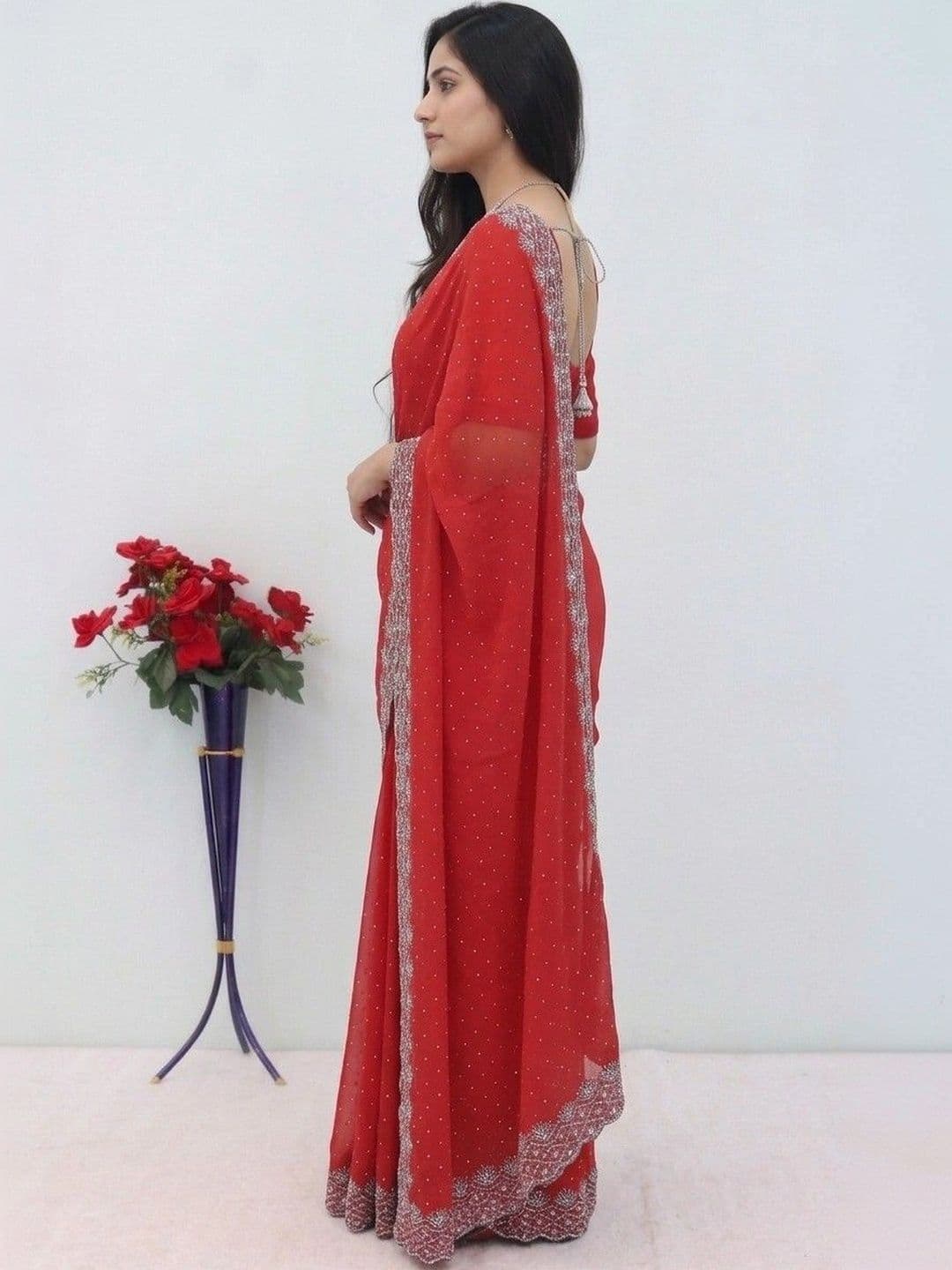 SmileyFashion Embellished Pure Georgette Designer Saree thumbnail 3