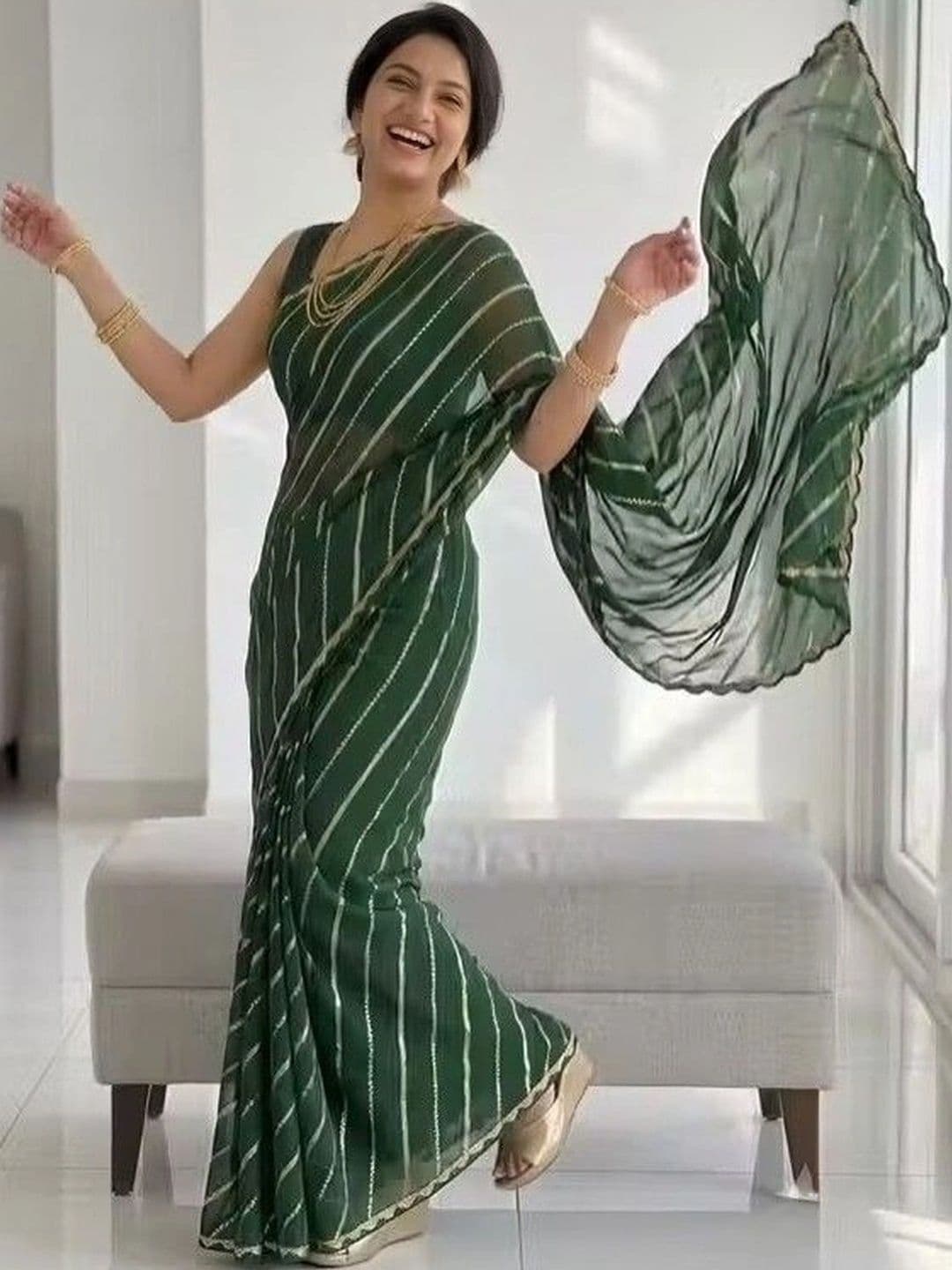 RENBRIZA Striped Zari Poly Georgette Leheriya Saree thumbnail 2