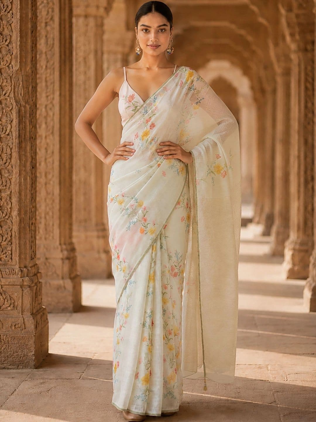Mitera Floral Linen Blend Designer Block Print Saree thumbnail 3